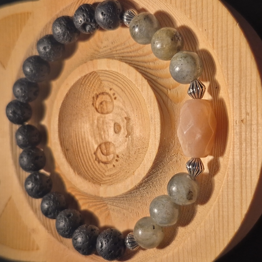 Gray moonstone with faceted peach moonstone and lava beads